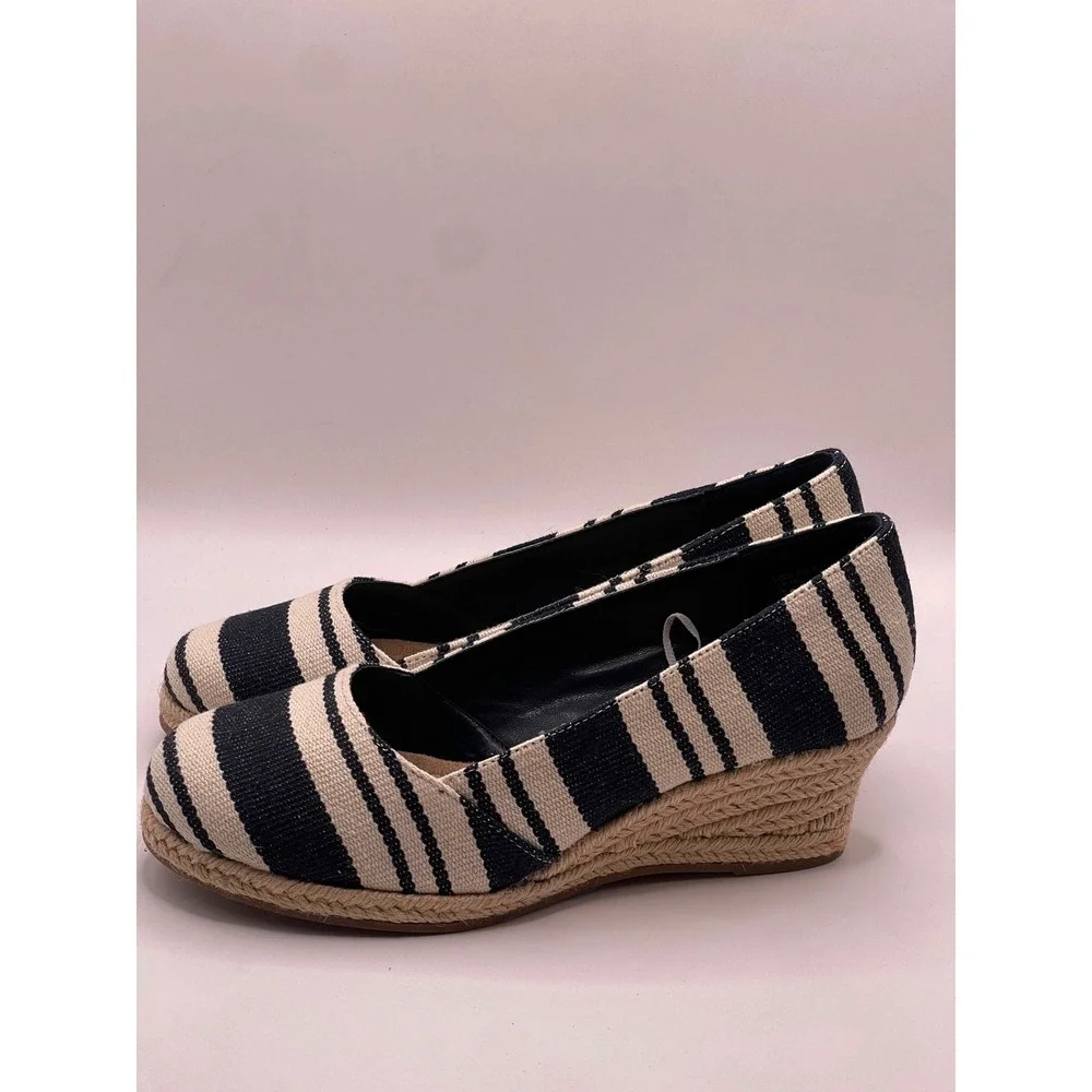 St Johns Bay Botanic Navy Stripe Espadrille Wedge Shoes 5.5W Wide Memory Foam